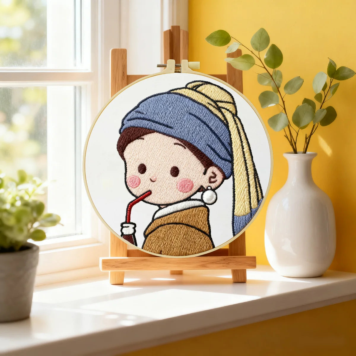 Cute Girl Drinking Coffee Embroidery Starter Kit DIY – Beginner Cartoon Hand Embroidery Kit