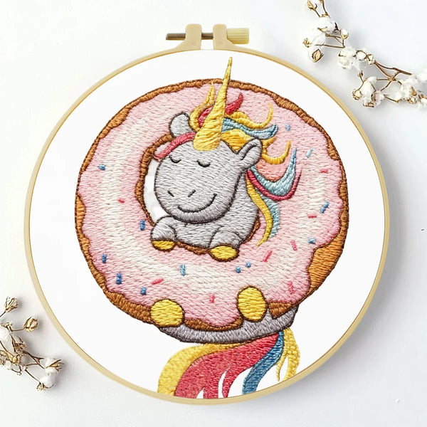 Unicorn Donut Embroidery DIY Kit – Cute Kawaii Beginner Stitching Kit with Hoop, Pattern & Threads