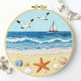 Coastal Beach Embroidery Kit – Ocean Waves, Seagulls & Seashells DIY Needlepoint Hoop Art Nautical Seaside Decor Craft Gift for Adults