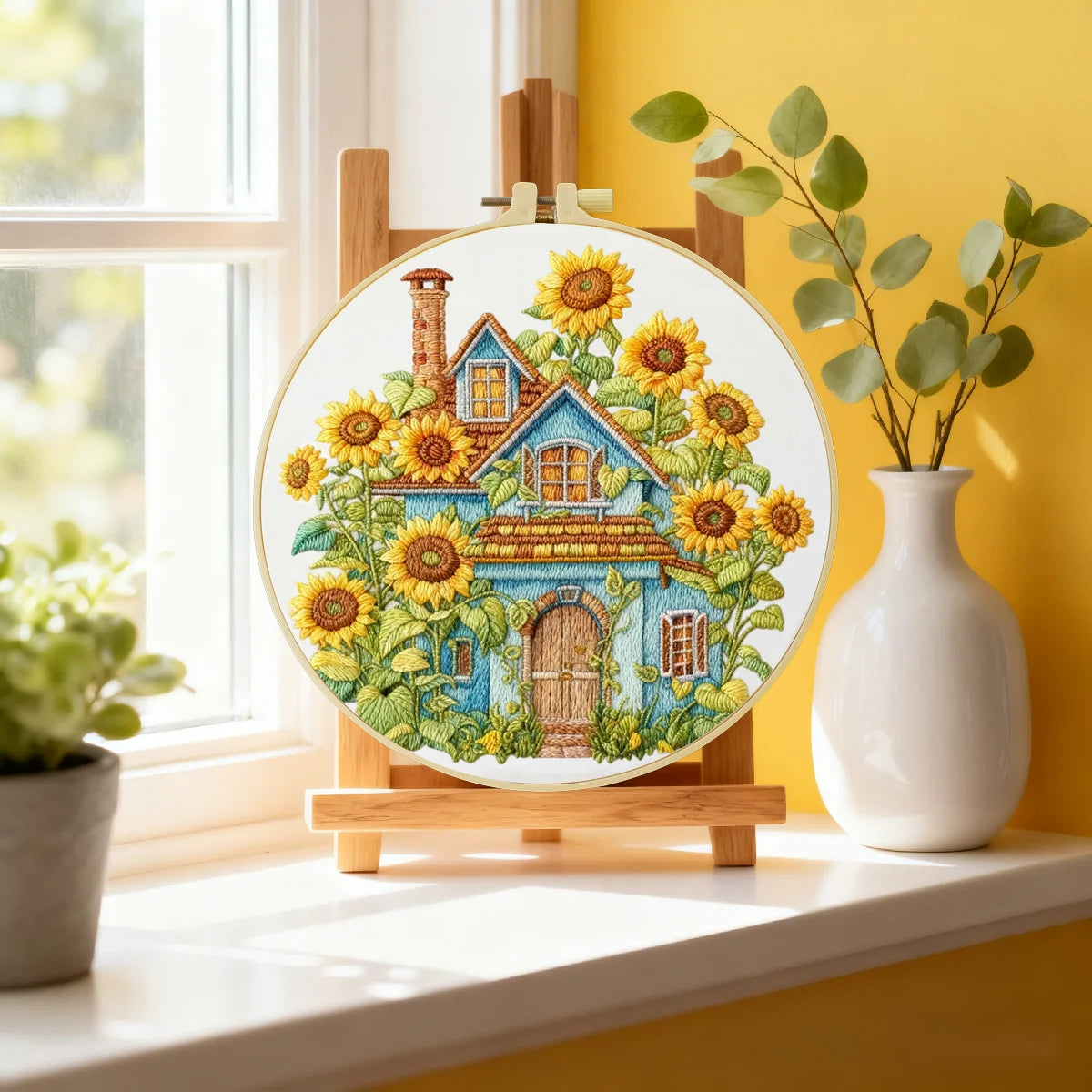 Sunflower Cottage Embroidery Kit – Rustic Farmhouse Floral DIY Sewing Craft, Country Home Hoop Wall Art Decor