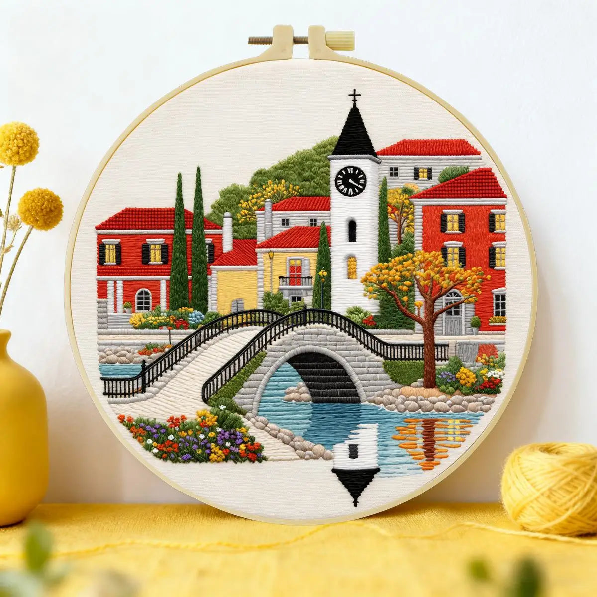 European Village Bridge Embroidery Kit – Scenic Canal Town DIY Needlepoint Hoop Art Cozy Landscape Decor Craft Gift for Adults