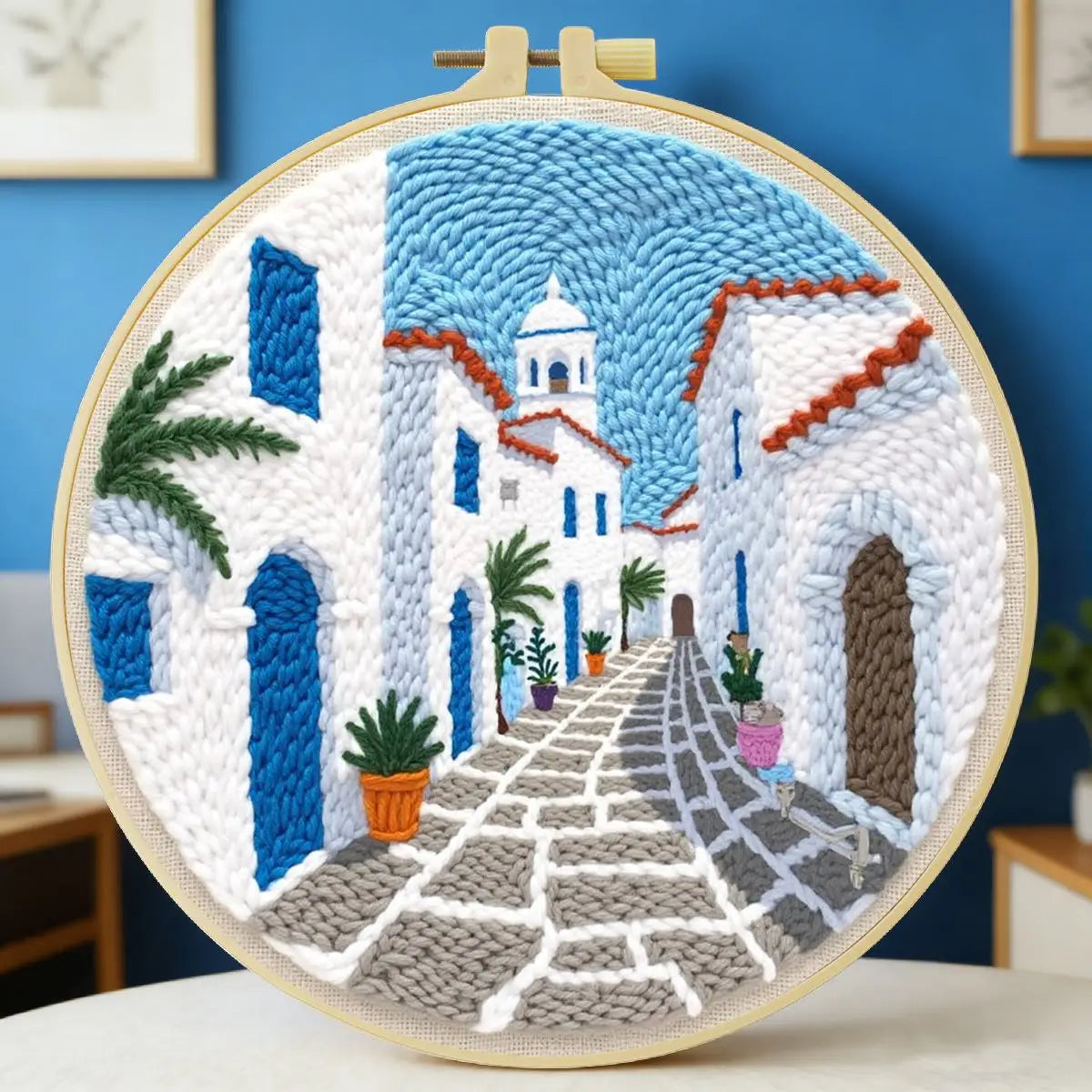 Mediterranean Greek Alley Embroidery Kit – Santorini Inspired Coastal Village DIY Needlepoint Hoop Art Travel Decor Craft Gift for Adults