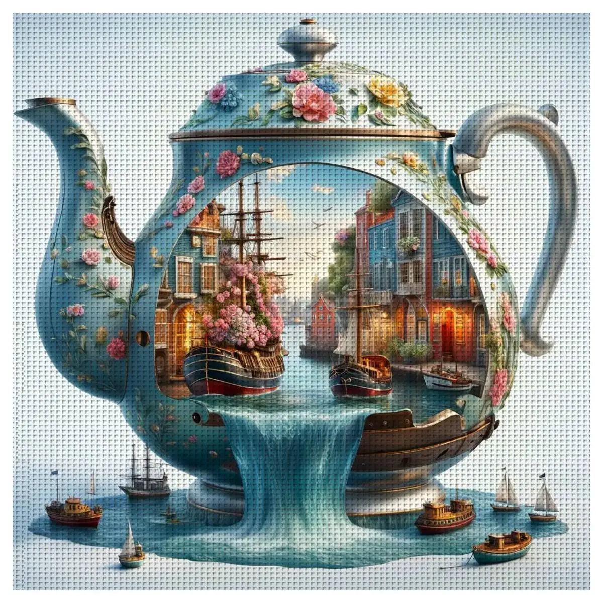 Enchanted Harbor Teapot Cross Stitch Kit ☕⛵🌸🏘️✨