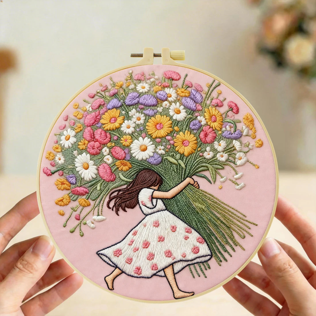 Girl with Giant Wildflower Bouquet Embroidery Kit – Whimsical Floral Needlepoint Pattern with Colorful Cottagecore Wall Art Decor
