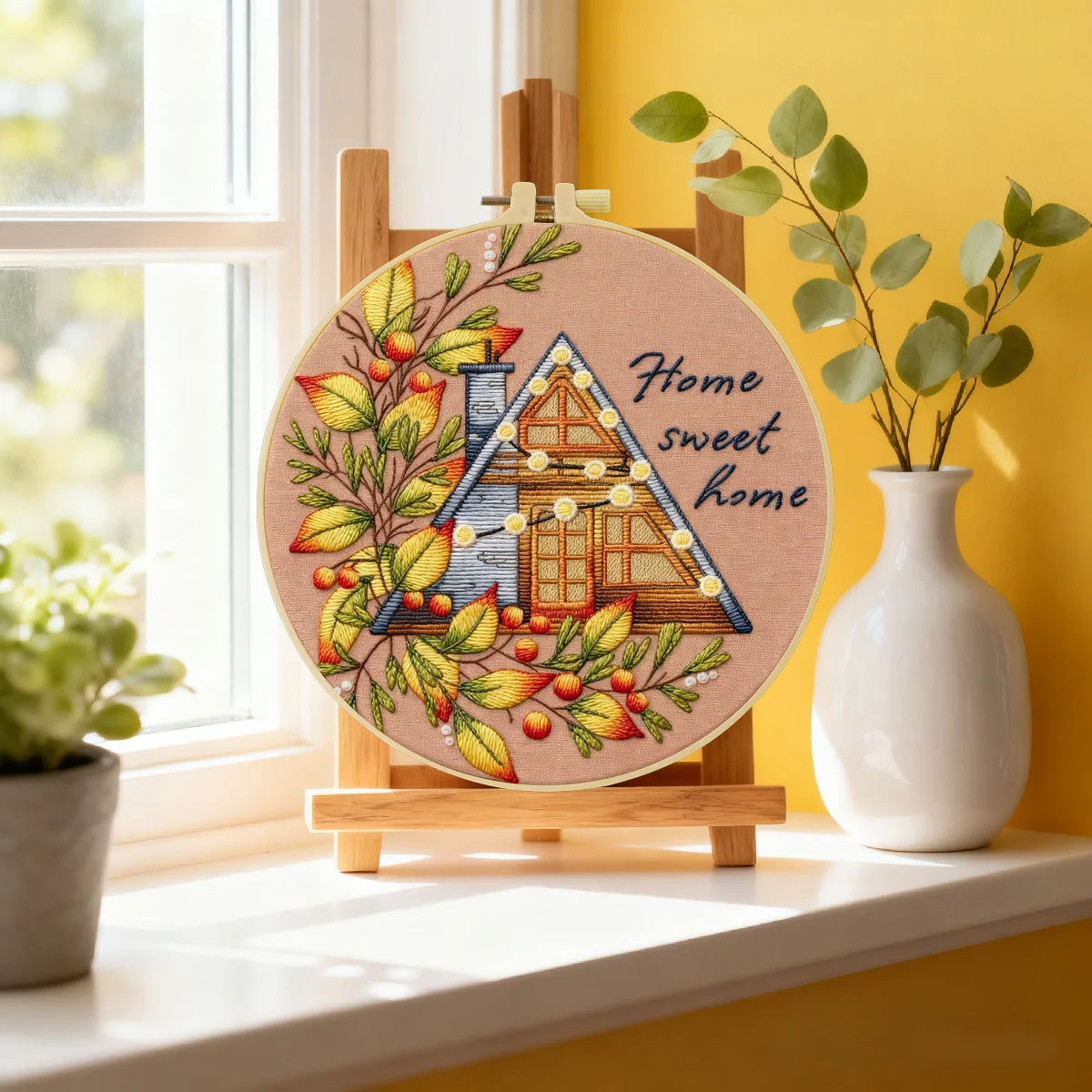 Home Sweet Home Embroidery DIY Kit – Cozy Cottage Beginner Stitching Kit with Hoop, Pattern & Threads