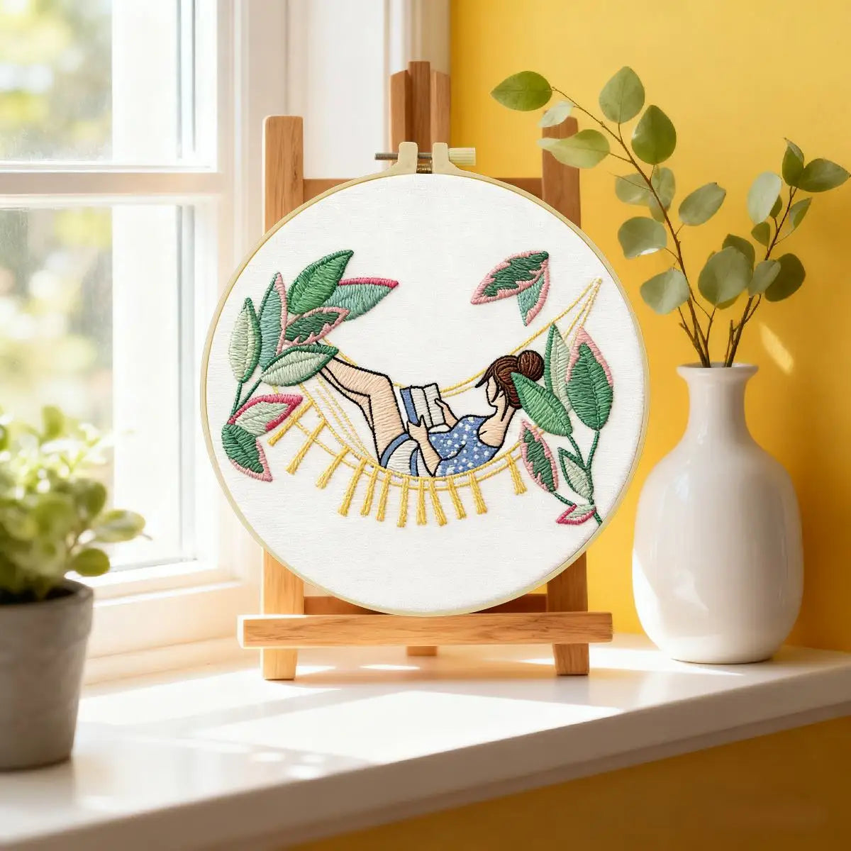 Relaxing Girl Hammock Embroidery Kit – DIY Cozy Reading Hoop Art for Beginners & Craft Lovers
