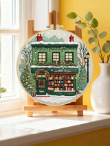 Christmas Bookstore Embroidery Kit – DIY Winter Holiday Village Sewing Craft Set, Festive Snowy Shop Wall Art Decor