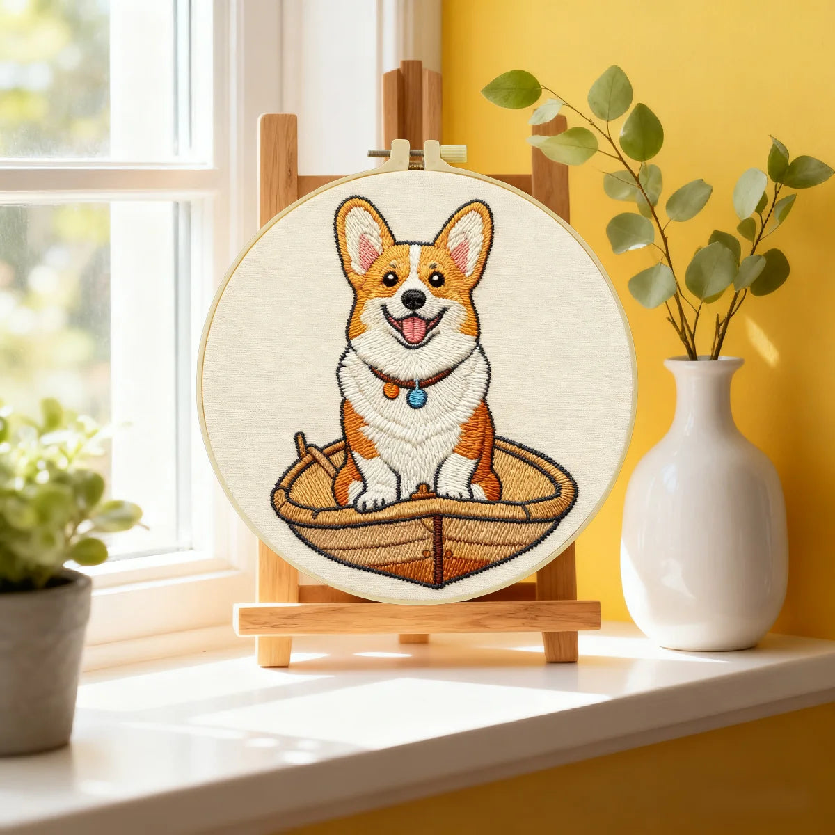 Cute Corgi Embroidery Kit – Adorable Puppy in Basket DIY Hand Stitch Craft Set with Hoop & Color Threads 🧵🐶