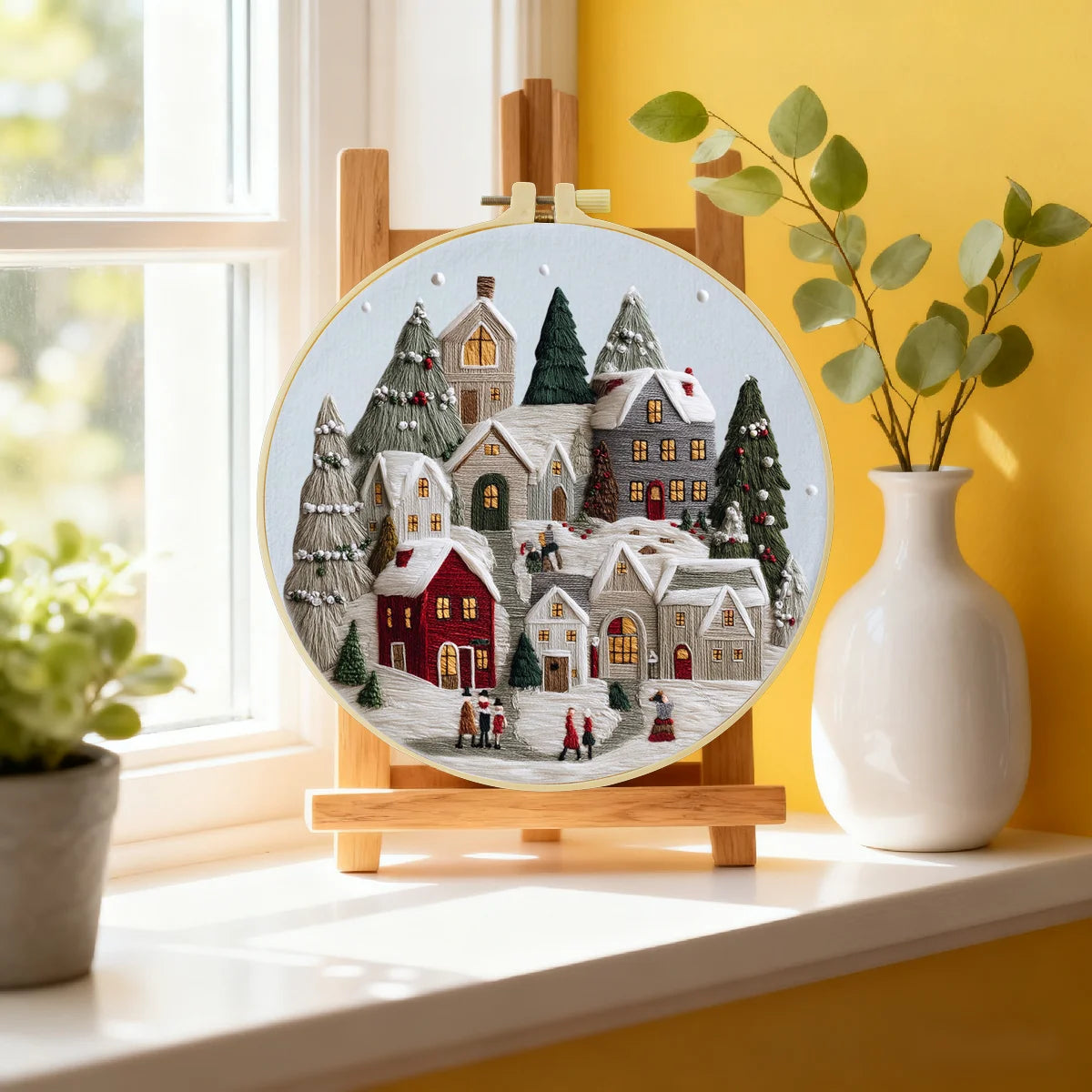 Handmade Winter Village Embroidery Hoop Wall Art – Cozy Christmas Cottage Fiber Decor