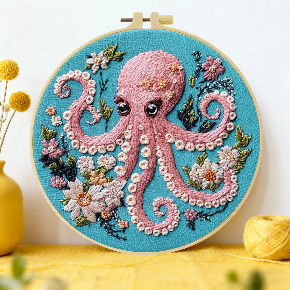 Floral Octopus Embroidery Kit – Whimsical Pink Octopus Needlepoint Pattern with Ocean-Inspired Botanical Details