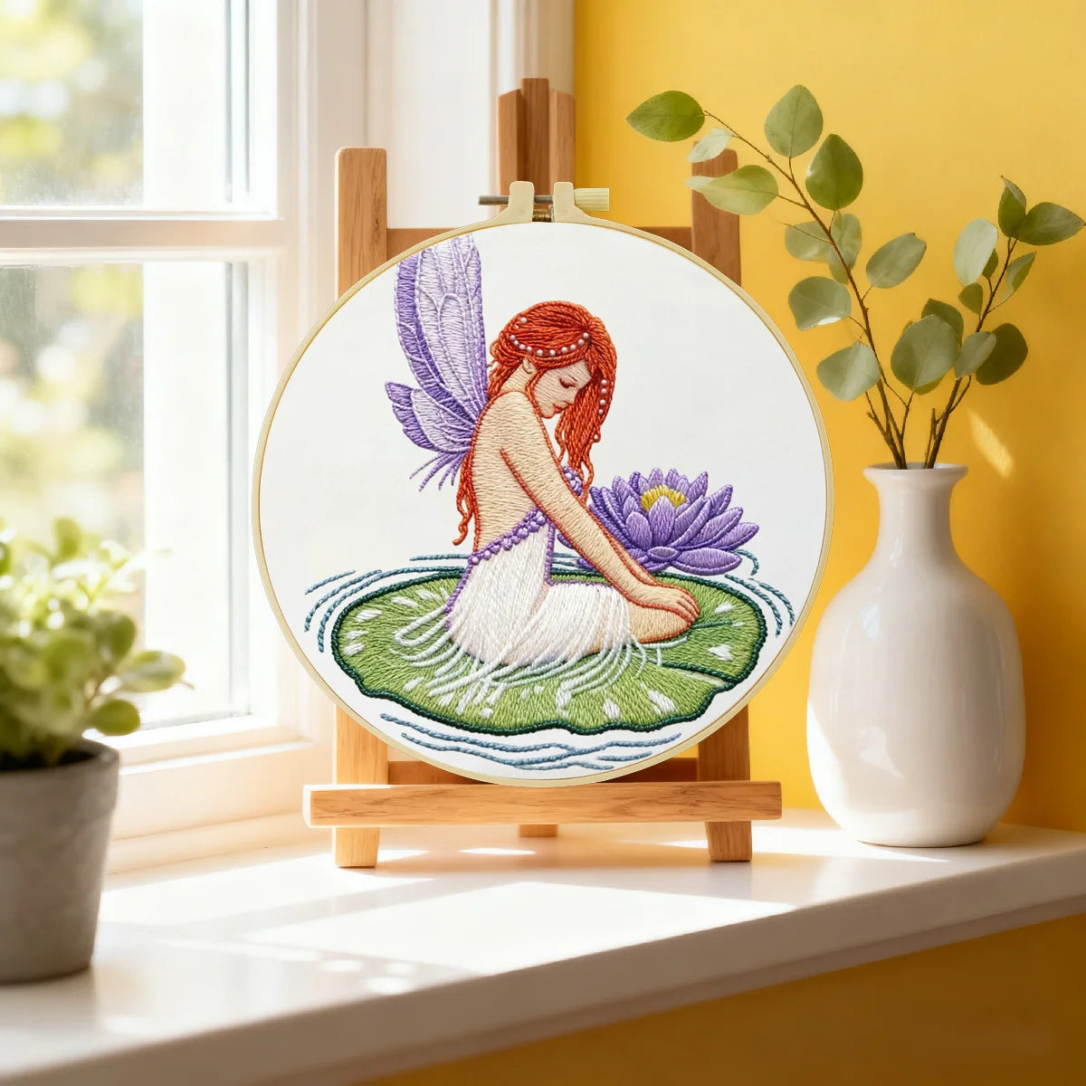 Fairy on Lily Pad Embroidery DIY Kit – Fantasy Beginner Stitching Kit with Hoop, Pattern & Threads