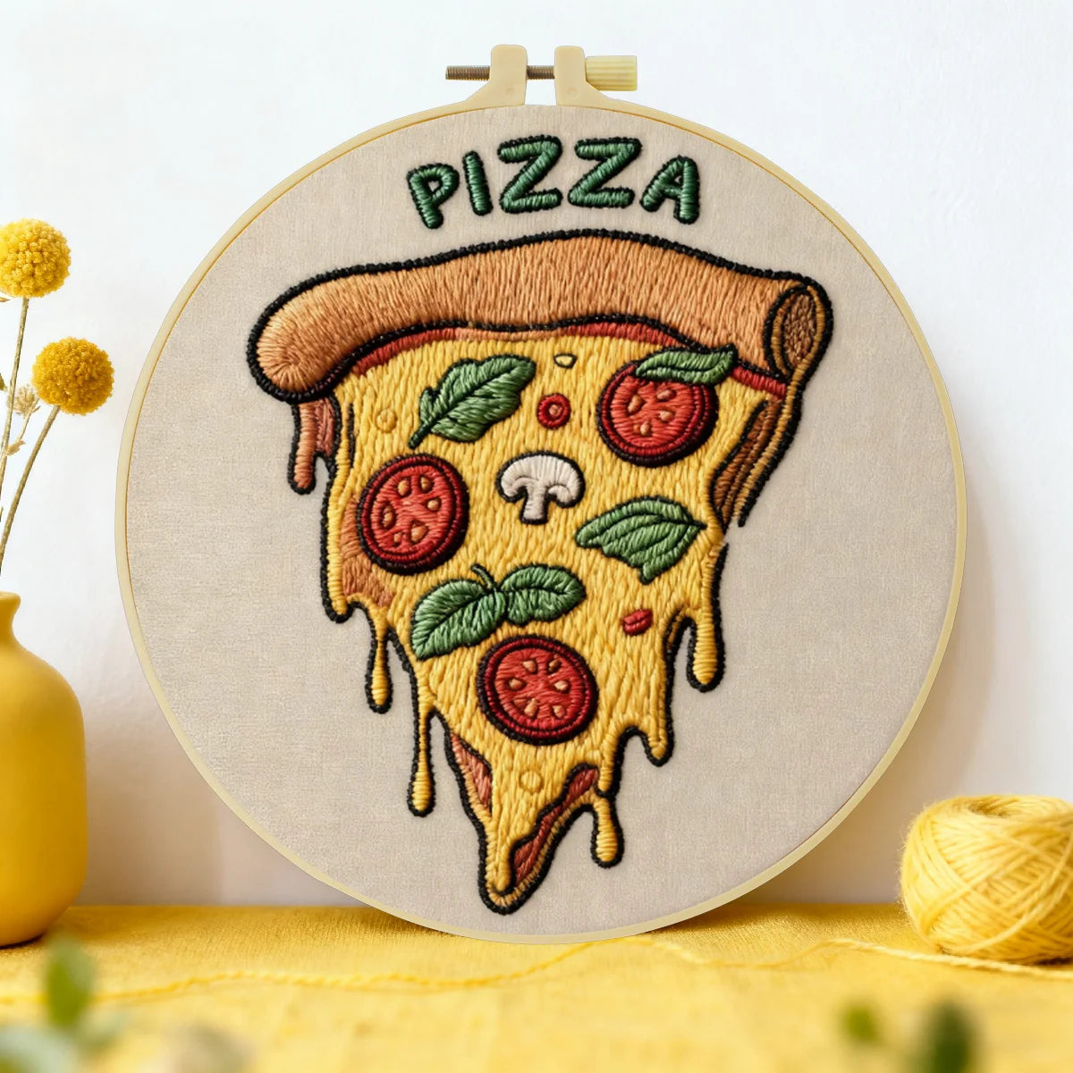 Handmade Pizza Slice Embroidery Hoop Wall Art – Fun Kitchen Foodie Decor