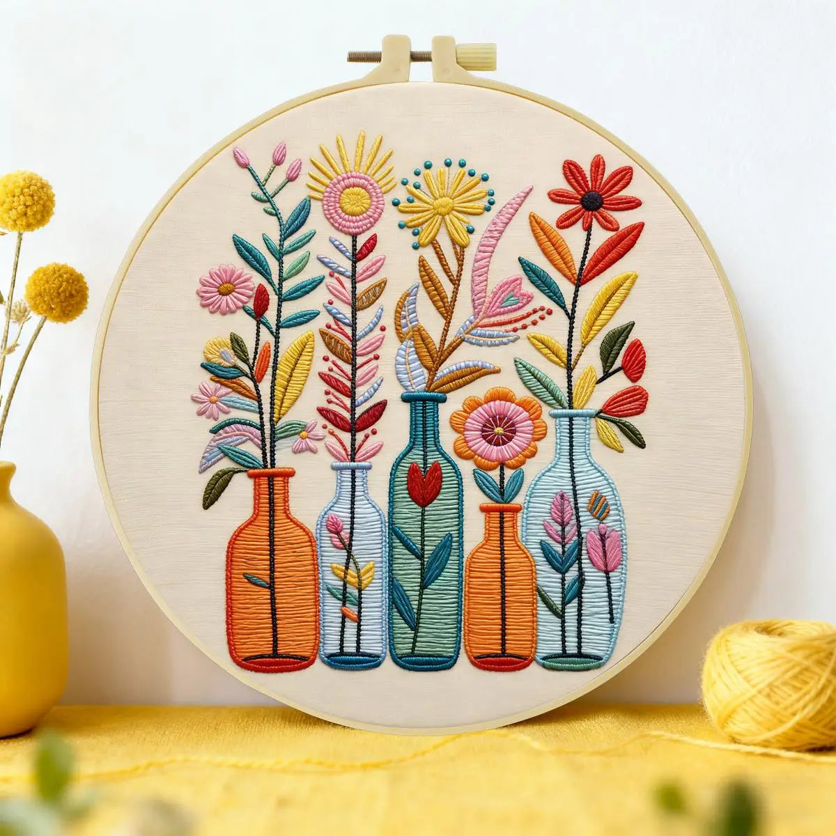 Colorful Floral Vase Punch Needle Wall Art – Handmade Embroidery Hoop Decor for Nursery & Cozy Rooms