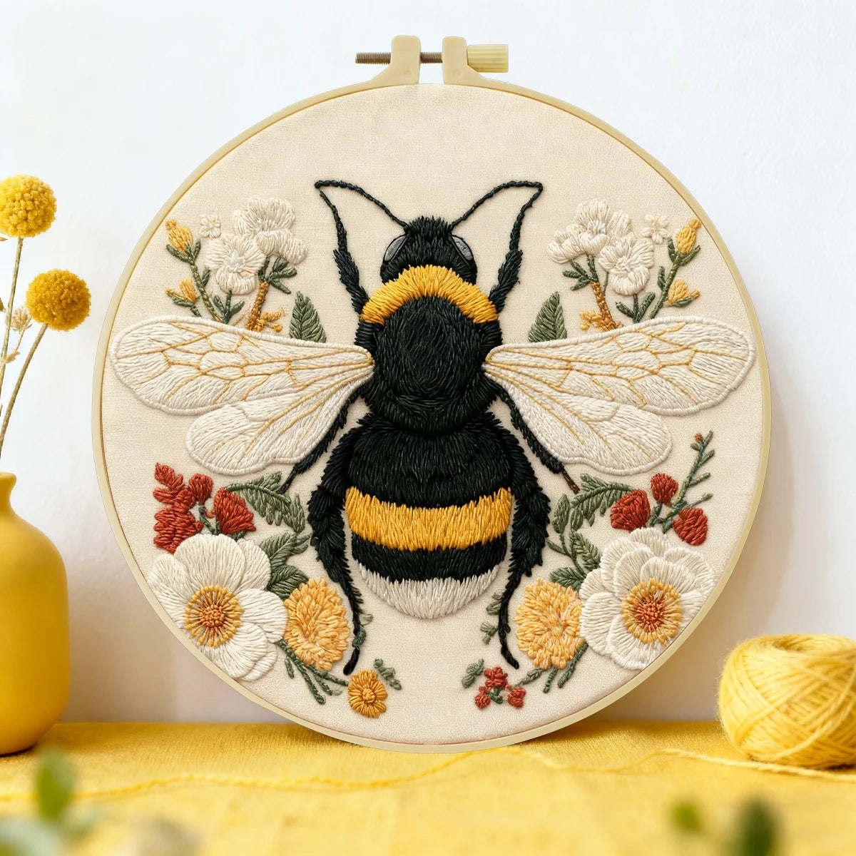 Bumble Bee Embroidery DIY Kit – Floral Insect Beginner Stitching Kit with Hoop, Pattern & Threads