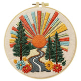 Retro Sunset Forest Embroidery Kit – Colorful Nature DIY Hand Embroidery Hoop Art Set