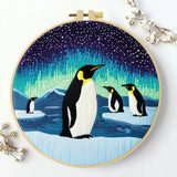 Penguin Aurora Embroidery Kit – Northern Lights Antarctic Scene Needlepoint Pattern with Penguins & Starry Winter Sky