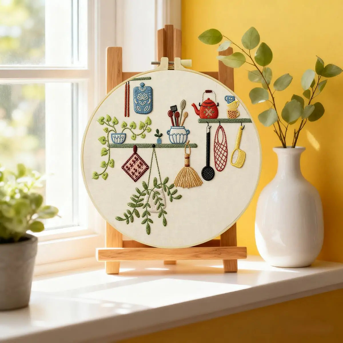 Cozy Kitchen Embroidery Kit for Beginners – DIY Cottagecore Hand Embroidery Hoop Set