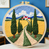Tuscan Countryside Embroidery Kit for Adults – Scenic Cypress Tree Landscape DIY Needlepoint Hoop Art Beginner Friendly Craft Gift