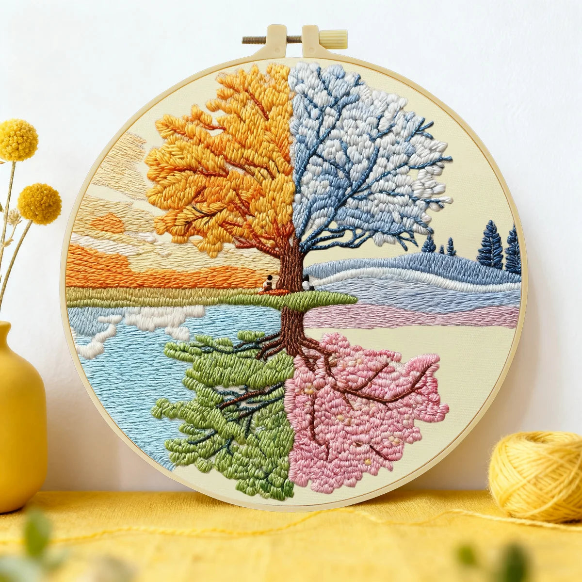 Four Seasons Tree Embroidery Kit – Spring Summer Autumn Winter Landscape DIY Hand Embroidery Hoop Art, Nature Wall Decor Craft K