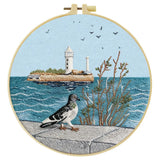 Coastal Lighthouse Embroidery Kit – Seaside Ocean Scene with Lighthouse, Pigeon & Waves Needlepoint Pattern for Beach Lovers