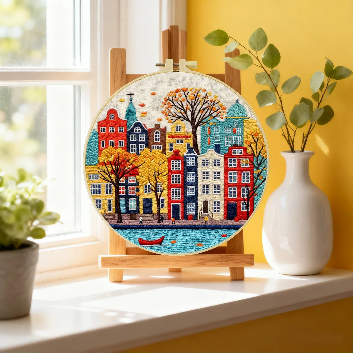 Colorful Cityscape Embroidery Starter Kit – DIY European Street Sewing Art Set for Beginners