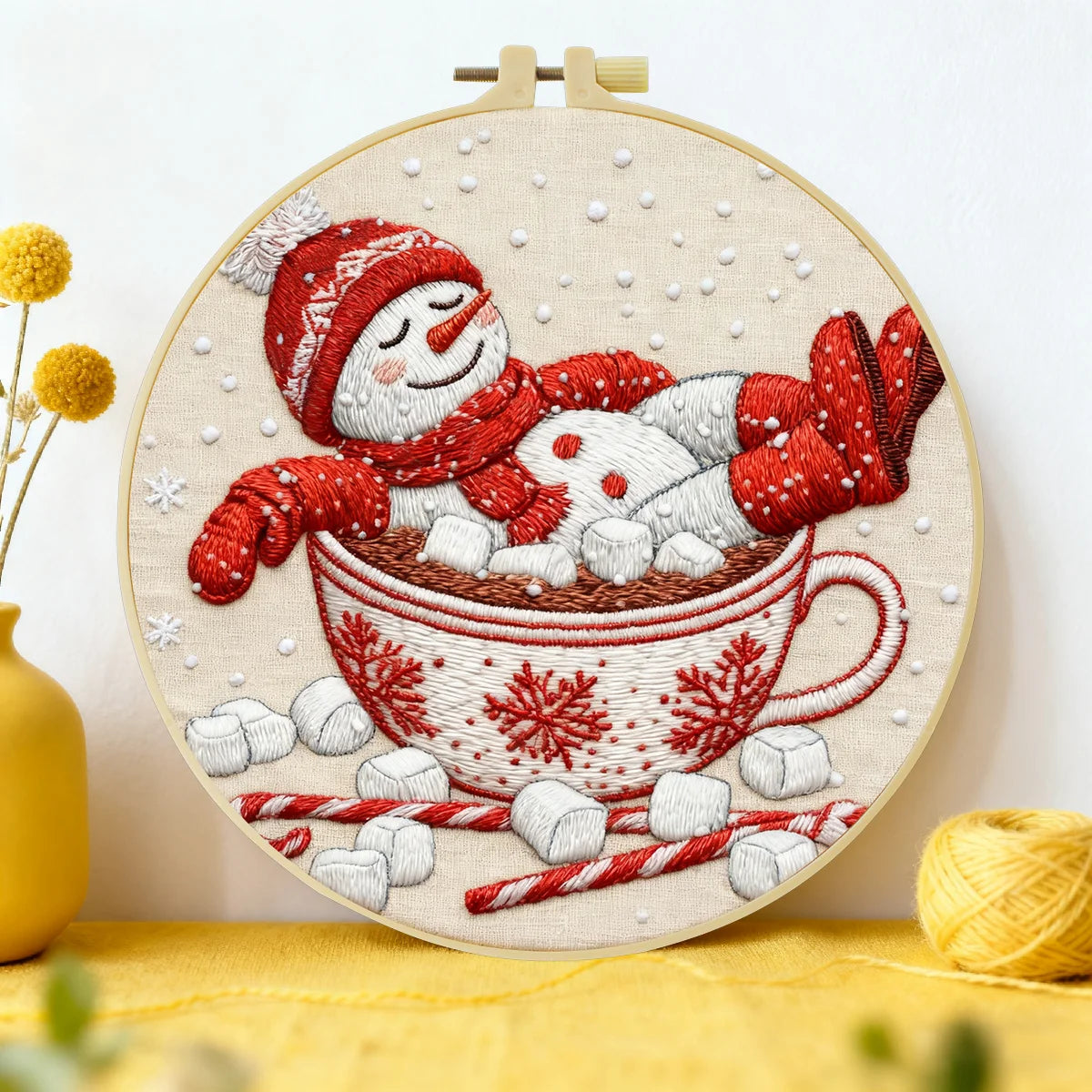 Snowman in Teacup Embroidery DIY Kit – Christmas Beginner Stitching Kit with Hoop, Pattern & Threads
