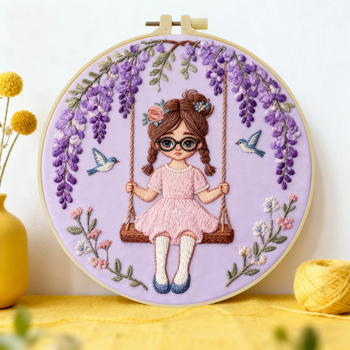 Cute Girl on Swing Embroidery Starter Kit – DIY Floral Cartoon Sewing Art Set for Beginners