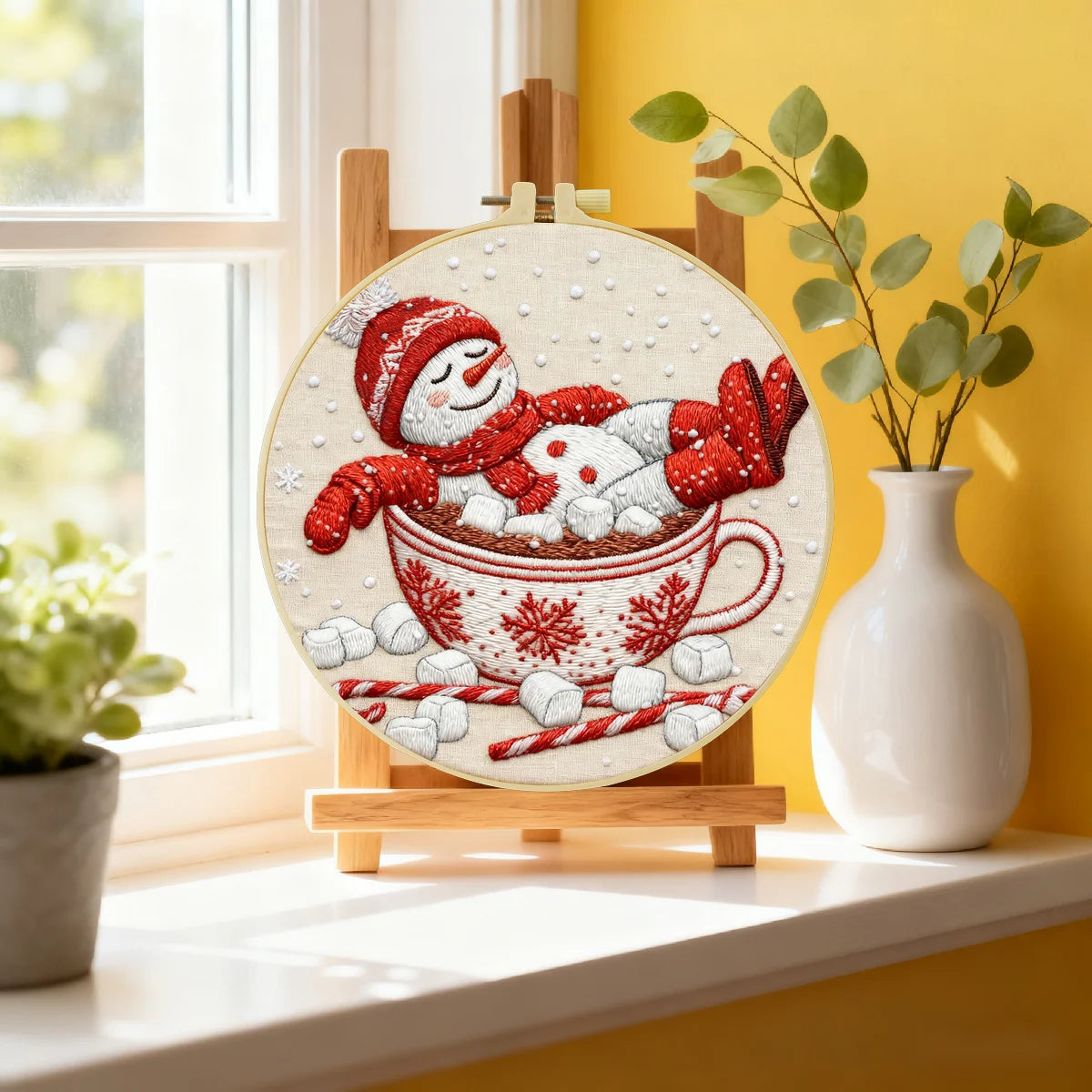 Snowman in Teacup Embroidery DIY Kit – Christmas Beginner Stitching Kit with Hoop, Pattern & Threads