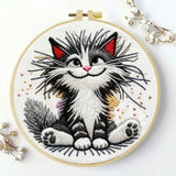 Fluffy Smiling Cat Embroidery Kit – Cute Black & White DIY Hand Embroidery Hoop Art Set
