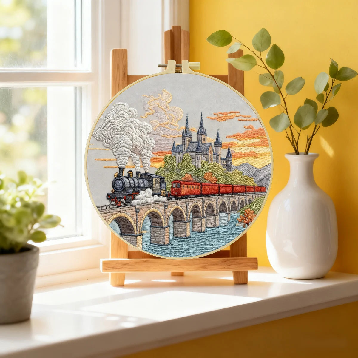 Vintage Steam Train Embroidery Starter Kit – DIY Scenic Landscape Sewing Art Set for Beginners