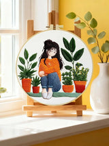 Cozy Plant Girl Embroidery Kit for Adults – Cute Houseplant Lover DIY Hand Embroidery Hoop Art Aesthetic Needlepoint Craft Gift