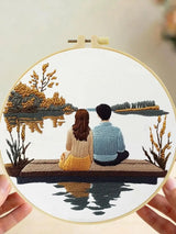 Romantic Lakeside Couple Embroidery Kit – Sunset Dock Love Scene Needlepoint Pattern for Couples & Anniversary Gifts