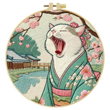 Japanese Kimono Cat Embroidery Kit – Cute Yawning Cat in Sakura Garden Needlepoint Pattern for Cat Lovers & Asian Decor