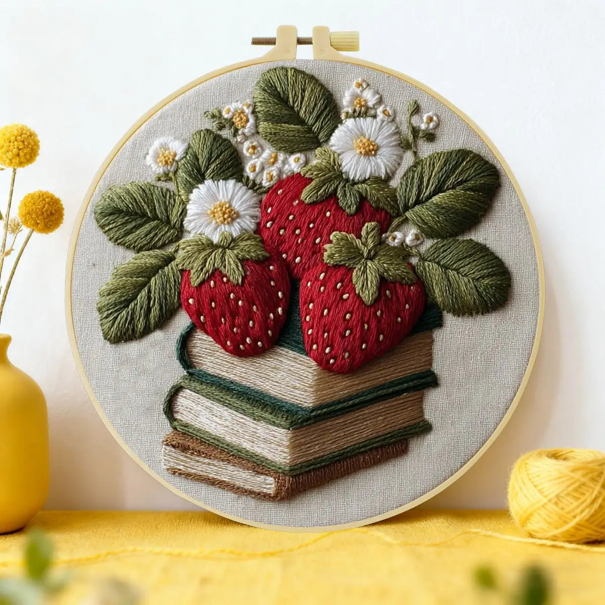 Strawberry & Books Embroidery Kit – Cottagecore DIY Hand Embroidery Hoop Art Set