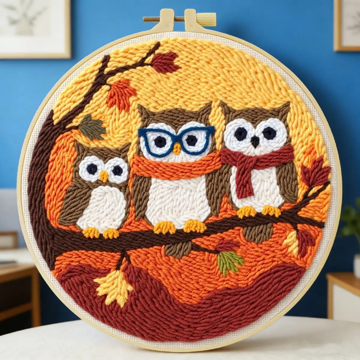Cute Owl Family Punch Needle Wall Art – Handmade Embroidery Hoop Decor for Nursery & Cozy Rooms