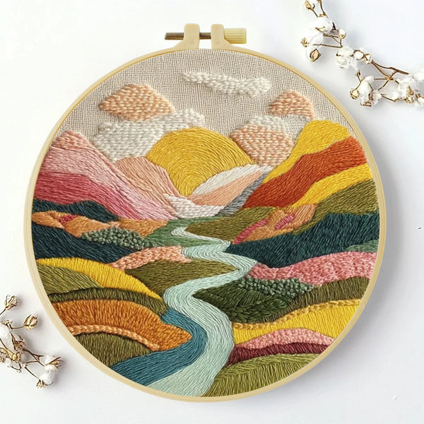 Colorful Mountain Landscape Embroidery Kit – Modern Sunset Valley DIY Hand Stitch Art with Hoop & Threads 🌄🧵