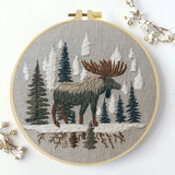 Woodland Moose Embroidery Kit – Rustic Forest DIY Hand Embroidery Hoop Art Set