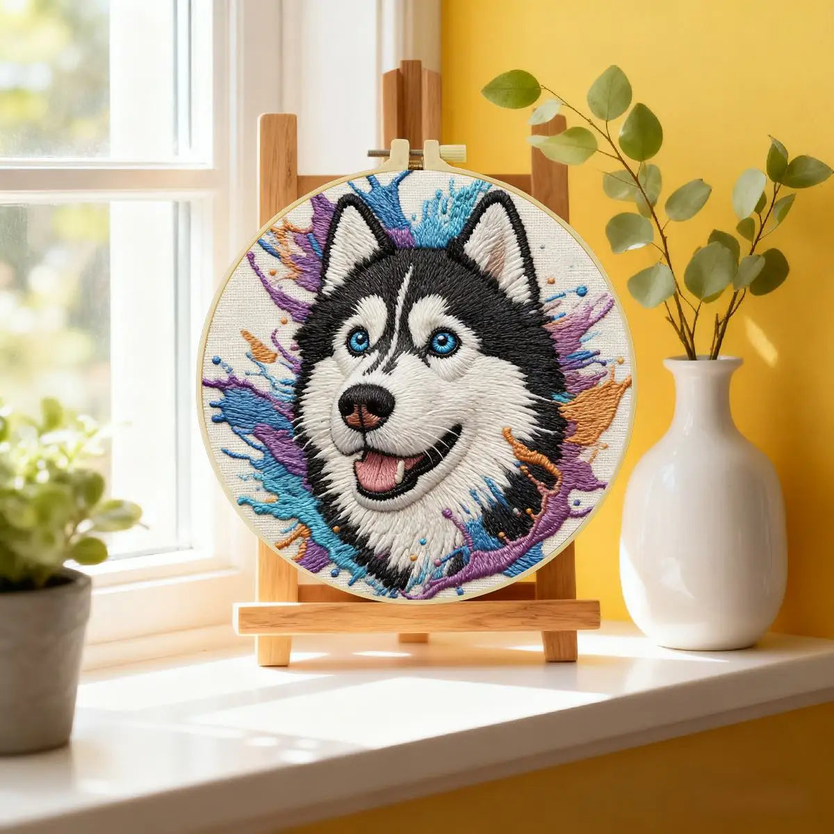 Husky Embroidery Kit – Blue Eyed Siberian Husky Needlepoint Pattern with Color Splash Art for Dog Lovers & Modern Decor