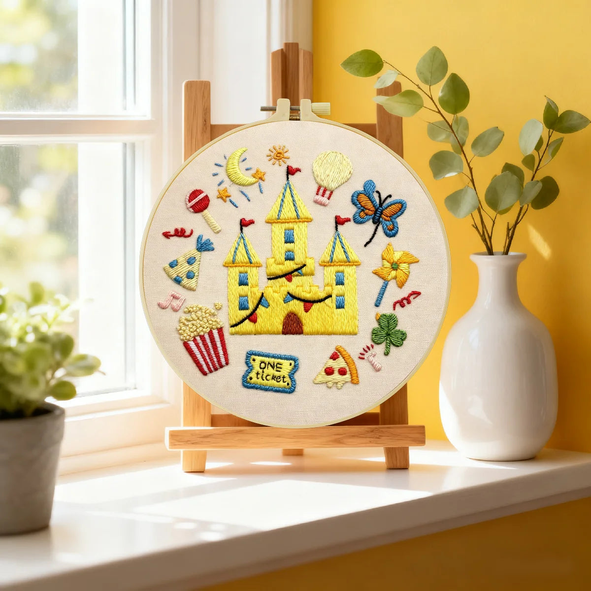 Kids Castle Embroidery DIY Kit – Cute Fantasy Beginner Stitching Kit with Hoop, Pattern & Threads