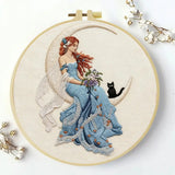 Moonlit Fairy Embroidery Kit – Enchanted Cat & Crescent Moon DIY Hand Embroidery Hoop Art Set Kits For Stitchers