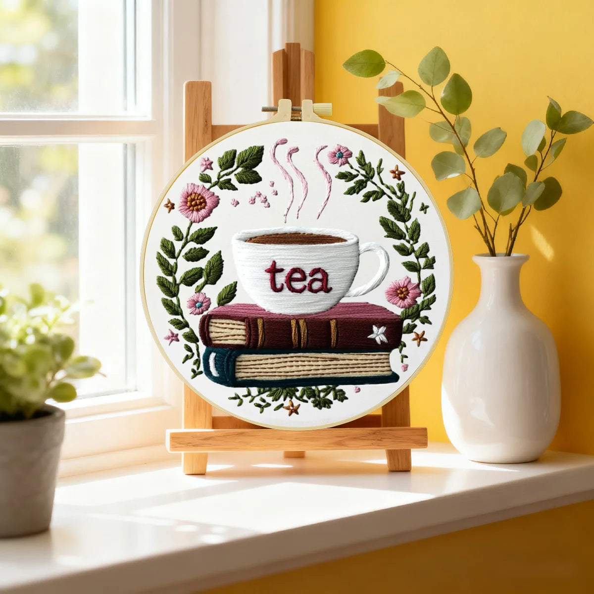 Handmade Tea Lover Embroidery Hoop Wall Art – Floral Book Stack Kitchen Decor