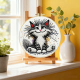Fluffy Smiling Cat Embroidery Kit – Cute Black & White DIY Hand Embroidery Hoop Art Set
