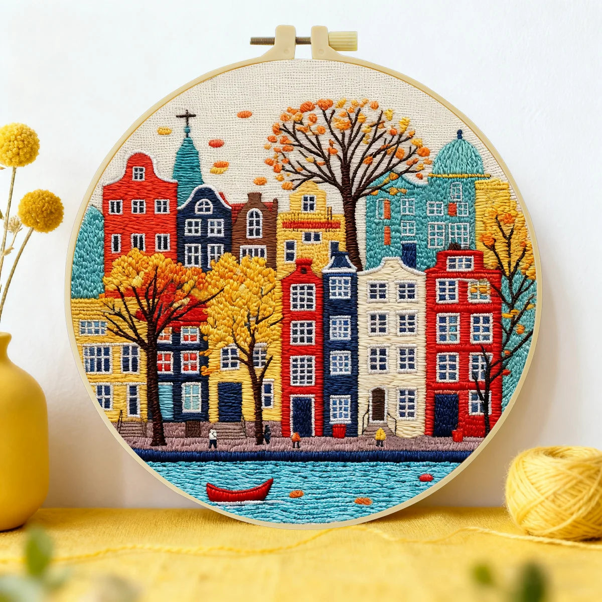 Colorful Cityscape Embroidery Starter Kit – DIY European Street Sewing Art Set for Beginners