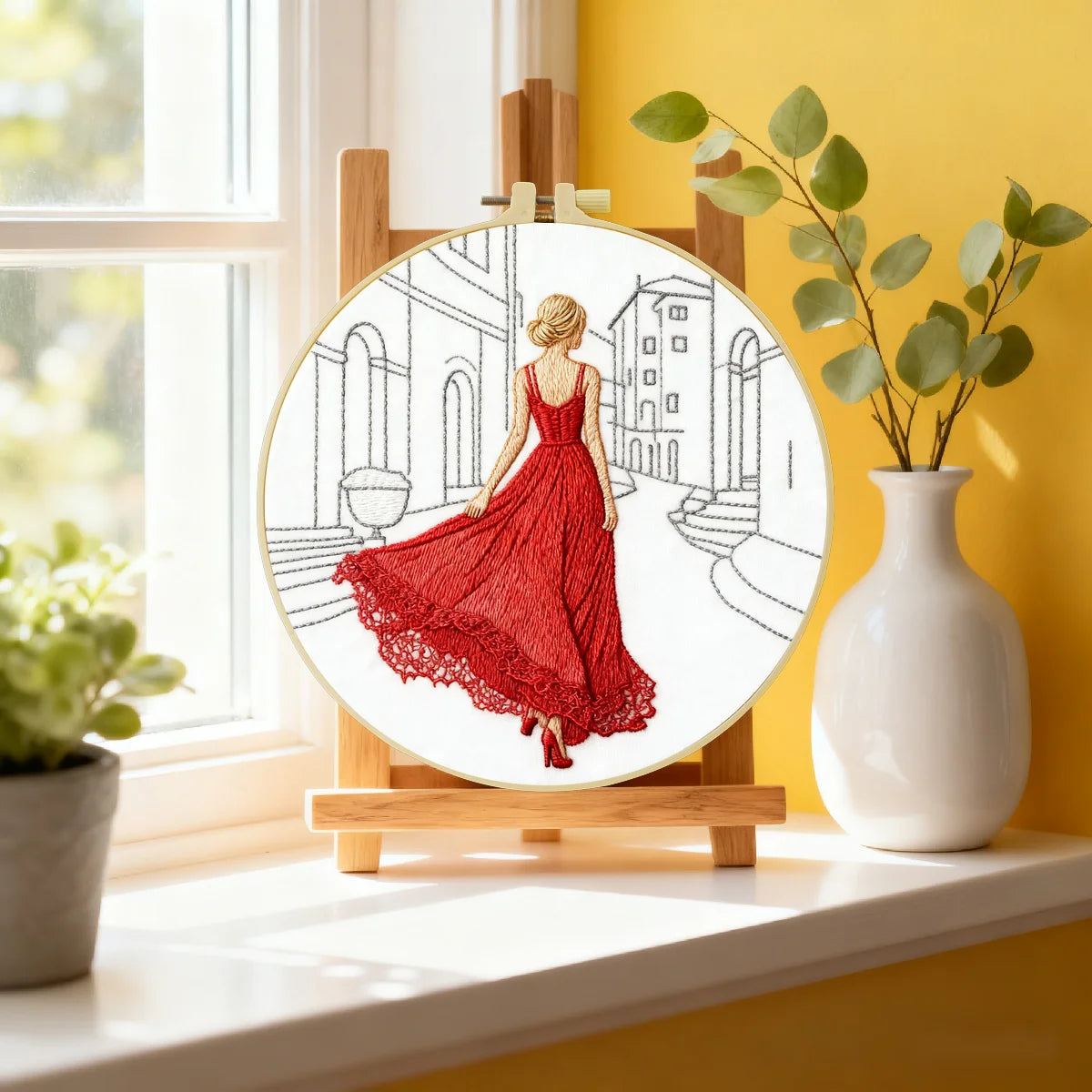 Elegant Red Dress Embroidery Kit – Fashion Lady Street Scene Needlepoint Pattern with Parisian Style & Modern Minimalist Art