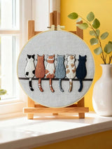 Minimalist Cat Lineup Embroidery Kit – Cute Sitting Cats Needlepoint Pattern with Modern Neutral Aesthetic for Cat Lovers