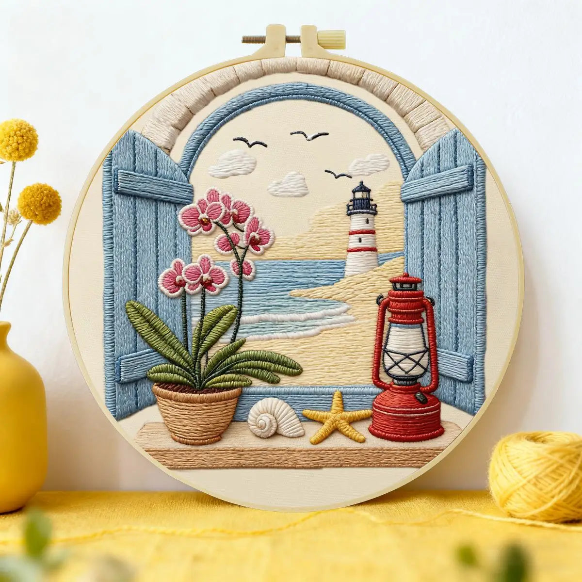 Coastal Lighthouse Embroidery Kit for Beginners – DIY Beach Hand Embroidery Hoop Set