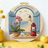 Coastal Lighthouse Embroidery Kit for Beginners – DIY Beach Hand Embroidery Hoop Set