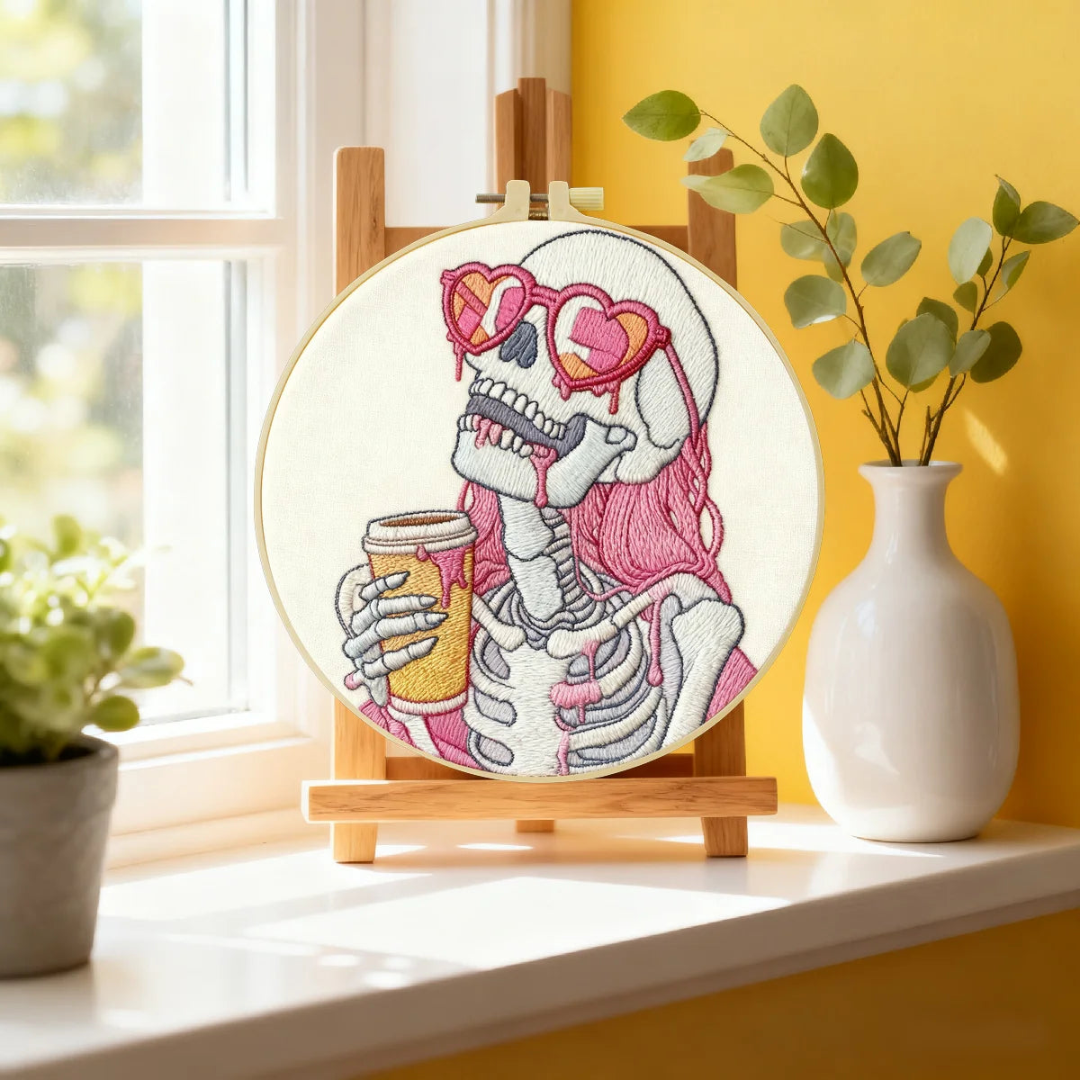 Pink Skeleton Coffee Lover Embroidery Kit