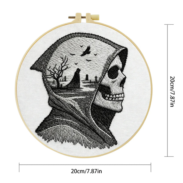 Grim Reaper Embroidery DIY Kit – Gothic Skull Beginner Stitching Kit with Hoop, Pattern & Threads