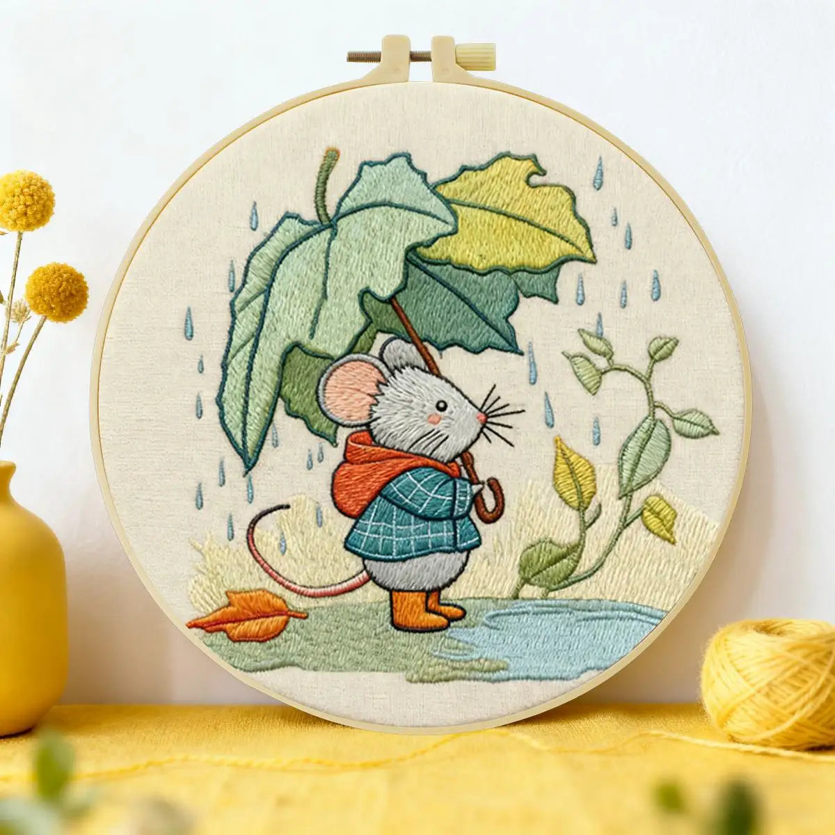 Cute Mouse with Leaf Umbrella Embroidery Kit – Whimsical Rainy Day DIY Hand Embroidery Hoop Art Set